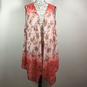 Sleeveless sheer coverup duster robe kimono coral pink ombre floral floaty XL